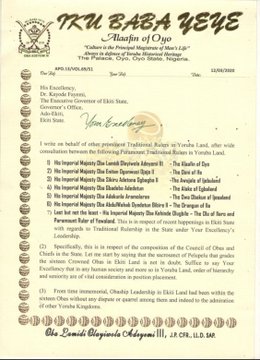 See the letter the Alaafin of Oyo wrote to Ekiti State Governor Kayode Fayemi about respect