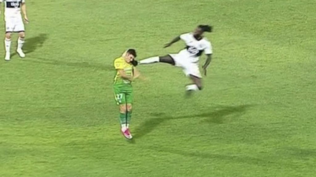 See Emmanuel Adebayor’s viral Jackie Chan tackle that resulted into a red card (Video)