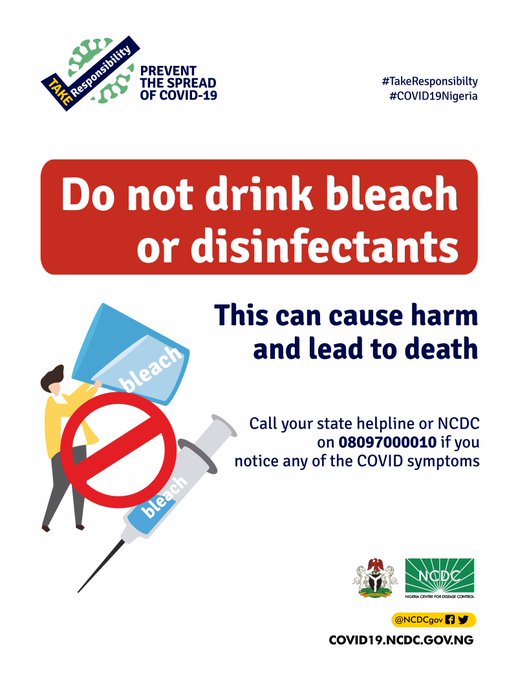 NCDC warns Nigerians not to drink bleach as treatment for Coronavirus