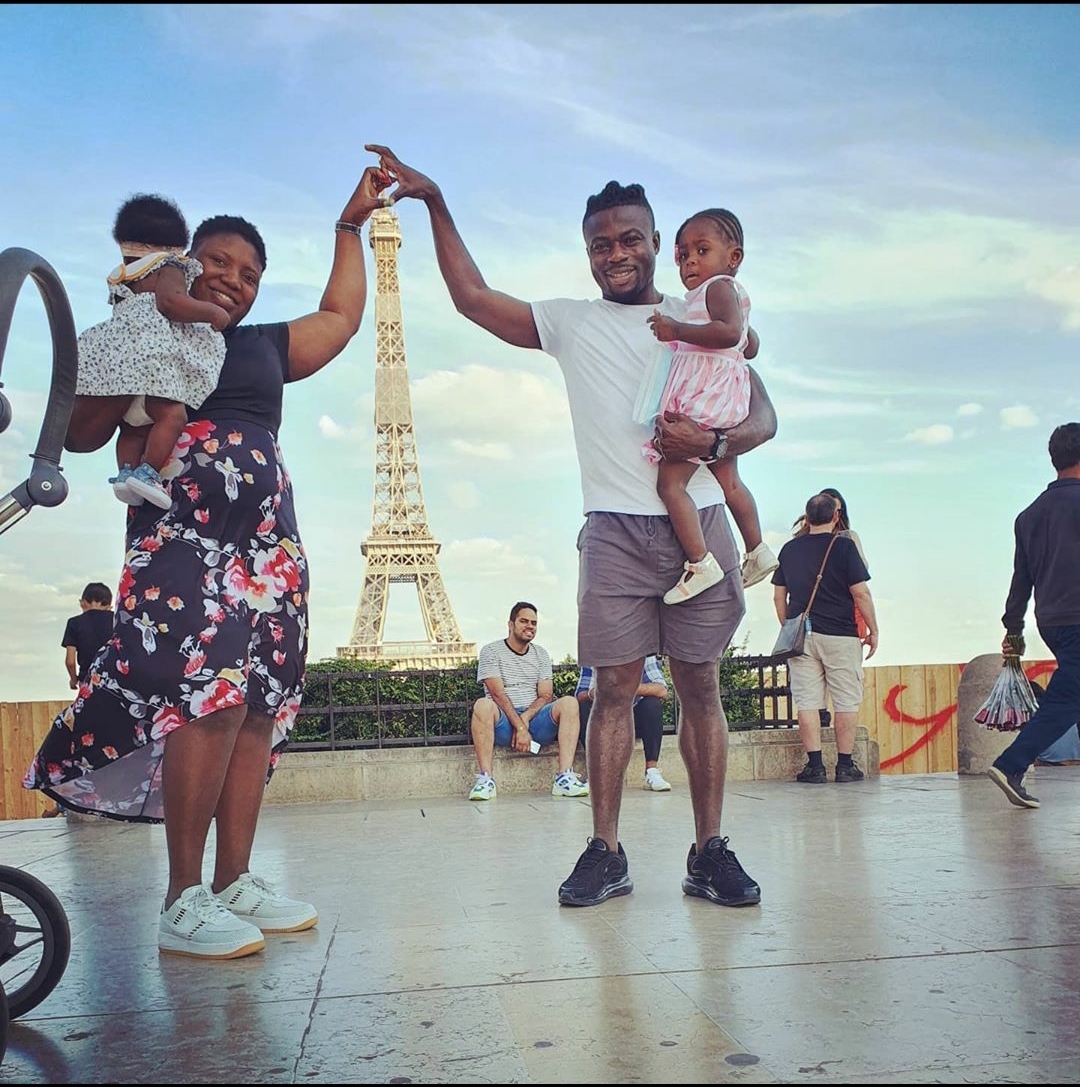 See adorable pictures of Super Eagles forward, Moses Simon and his family at the Eiffel Tower, France! 1