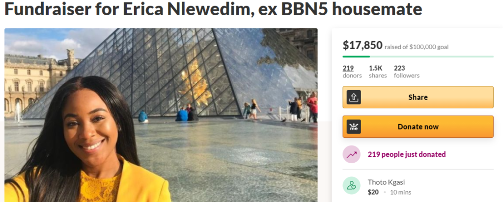 Erica’s Gofundme account now, $18,000, targets $100k