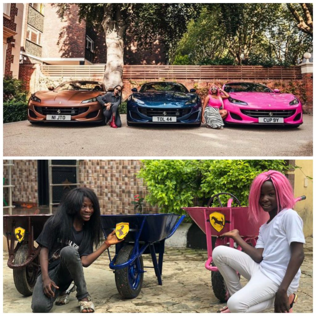 Popular mimickers, “Ikorodu Boys” replicate Otedola daughters’ new Ferraris with Wheel Barrows🤣🤣 See pictures👇