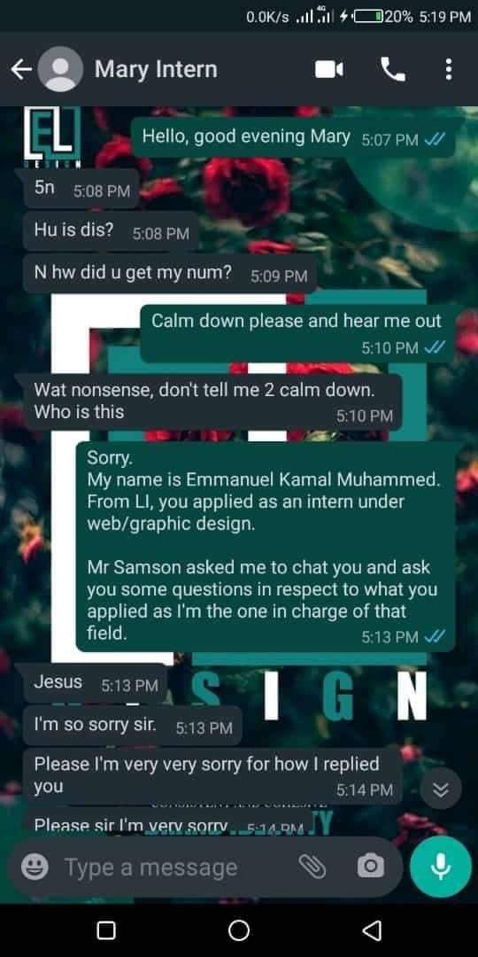 How a Prospective Intern, Mary missed being employed after rash response to HR Manager on Whatsapp! See Chat👇