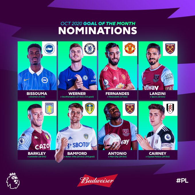 Werner, Fernandes lead nominees for October Premier League Goal of the Month award (video)