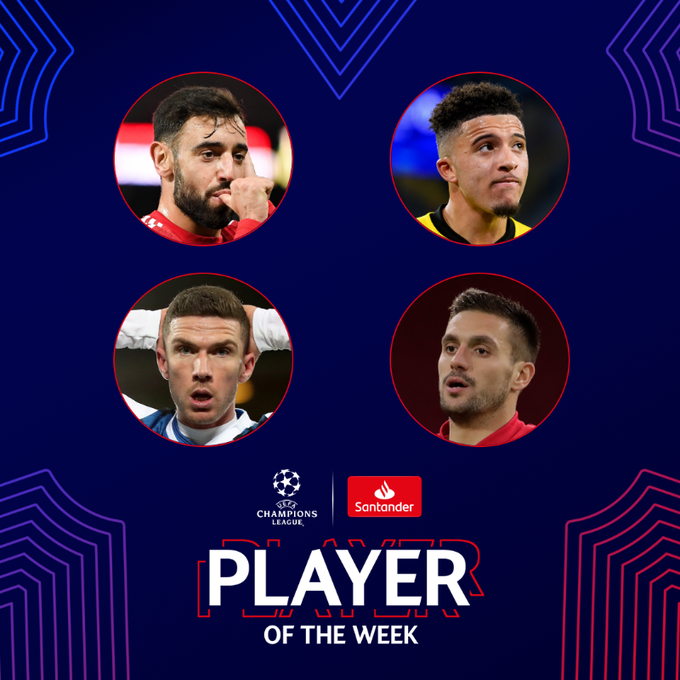 Bruno Fernandes, Sancho lead nominees for Champions League Player of the Week award