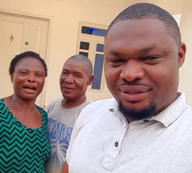 Nigerian Man relocates parents from a mud house to an exotic one; appreciates them for their support while he was in prison for 4 years! Pictures👇