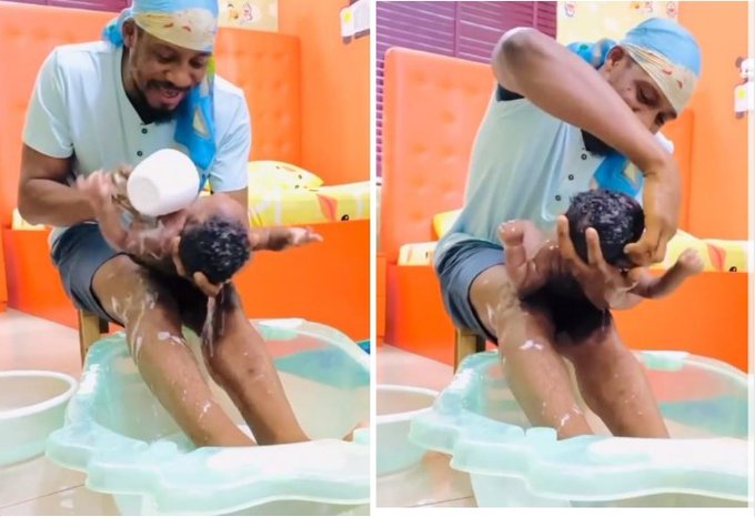 Actor Junior Pope gives newborn son a warm bath