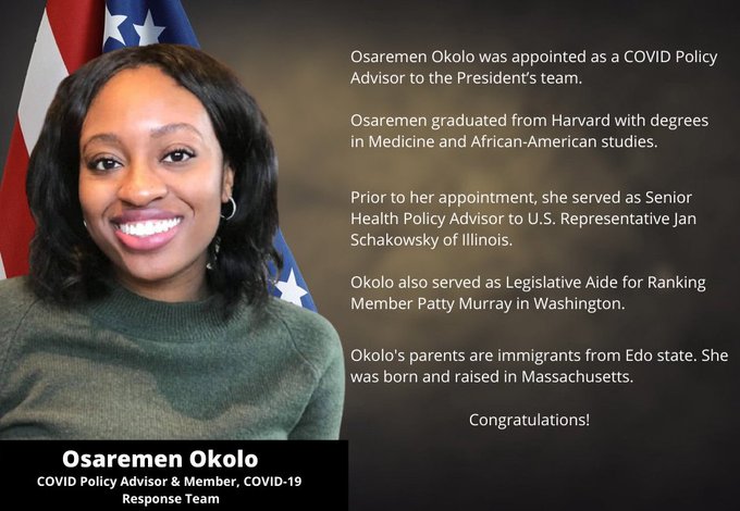 Nigerian born Osaremen Okolo appointed by US President Biden to Covid-19 Response Team