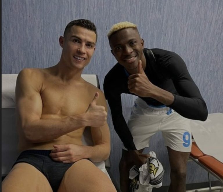 See pictures as Victor Osimhen spends time with Ronaldo and Buffon after Napoli’s win over Juventus!