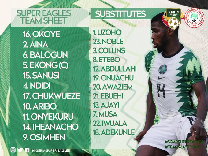 Iwobi missing from official Super Eagles starting lineup vs Benin Republic