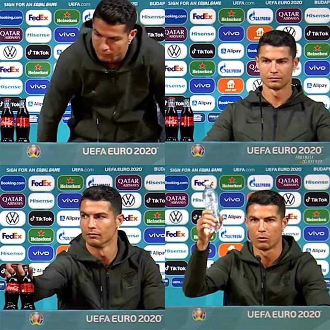 “Drink Water!” – Reactions as Cristiano Ronaldo shuns soda drink ahead of Hungary match! Video