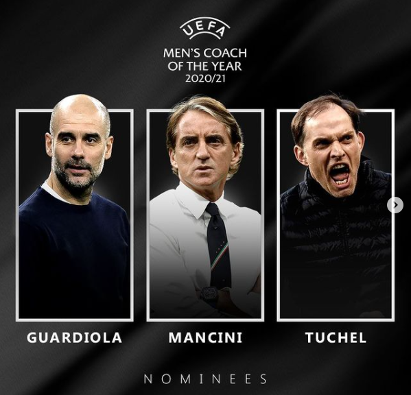 UEFA Coach of the Year award: Guardiola, Tuchel and Mancini nominated