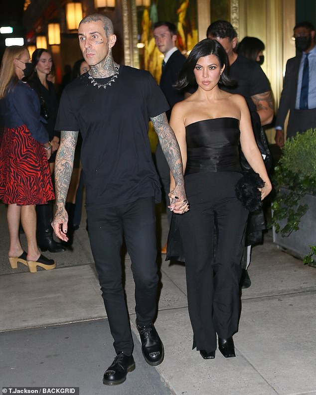 Kourtney Kardashian and Travis Barker coordinate in head-to-toe black for date night at The Polo Bar