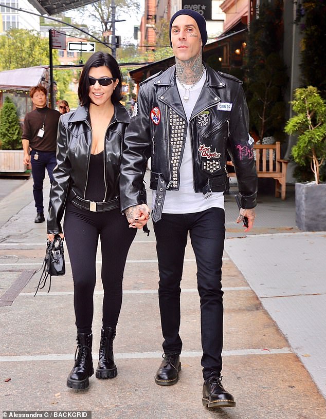 Kourtney Kardashian and Travis Barker go biker chic in moto jackets in NYC
