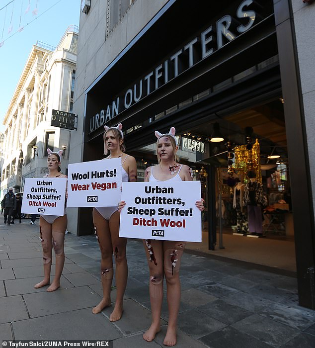 PETA activists dress as bloodied sheep for anti-wool protest at Urban Outfitters on Oxford Street