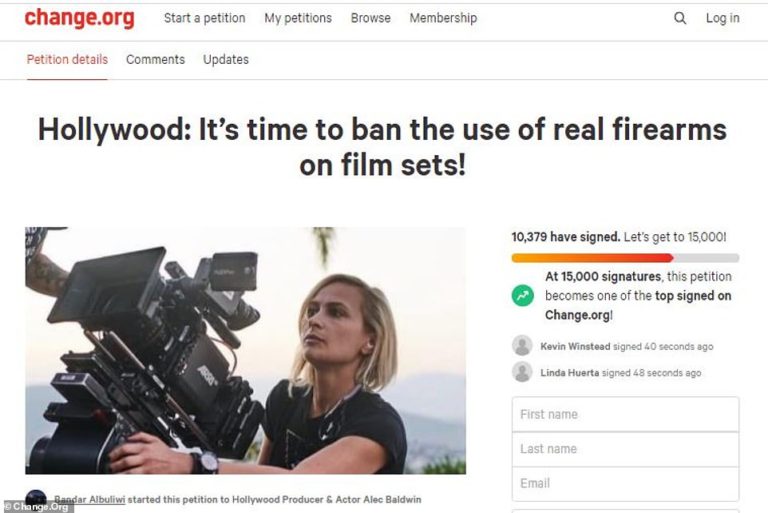 Hollywood petition to ban the use of live weapons on film sets gathers over 10K signatures