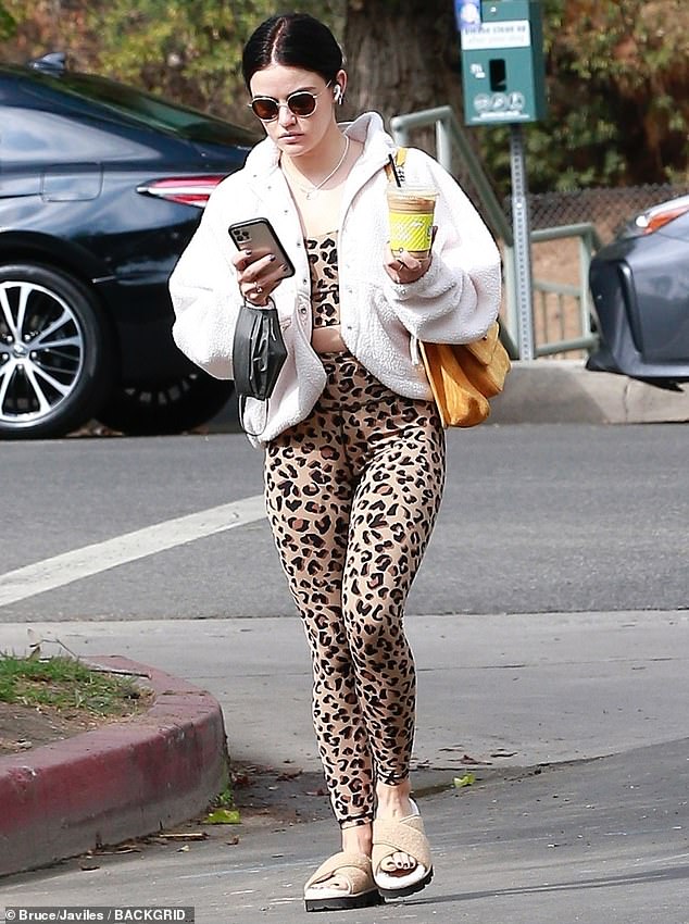 Lucy Hale flashes her abs in a leopard print sports bra and leggings set in Studio City 1