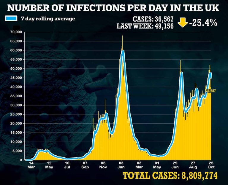 UK’s daily Covid cases FALL for second day in a row to 45,113 and deaths drop 16%