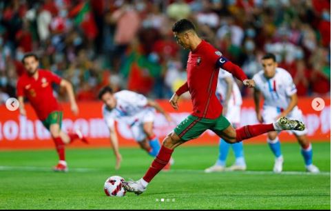Cristiano Ronaldo reacts after scoring 58th career hattrick against Luxembourg