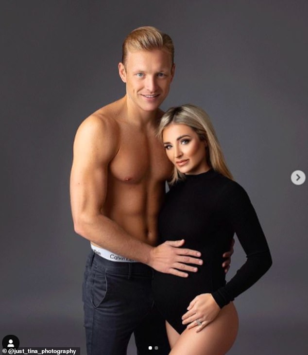Jess Wright’s shirtless brother Josh cradles his pregnant wife Hollie’s blossoming baby bump