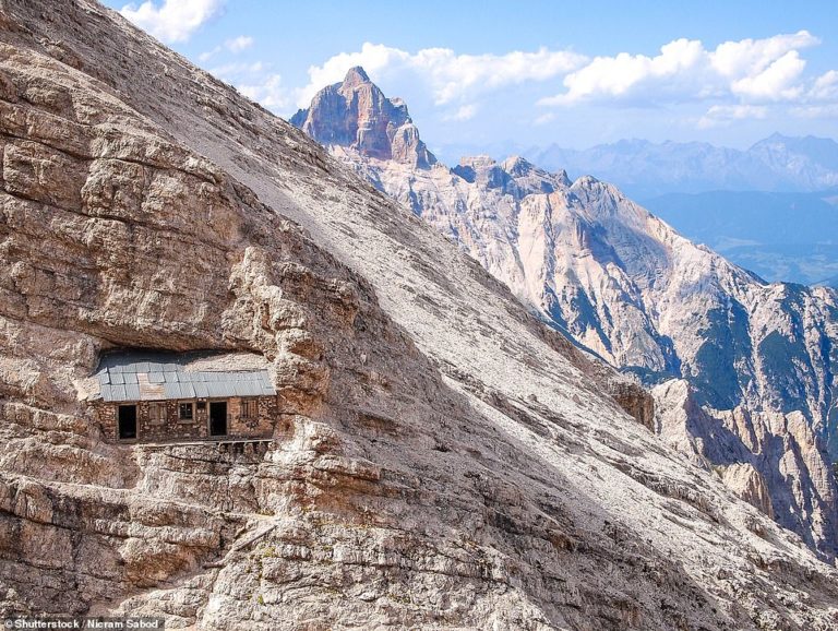 Pictured: Amazing Alpine refuge from World War I embedded in a sheer rockface in Italy’s Dolomites