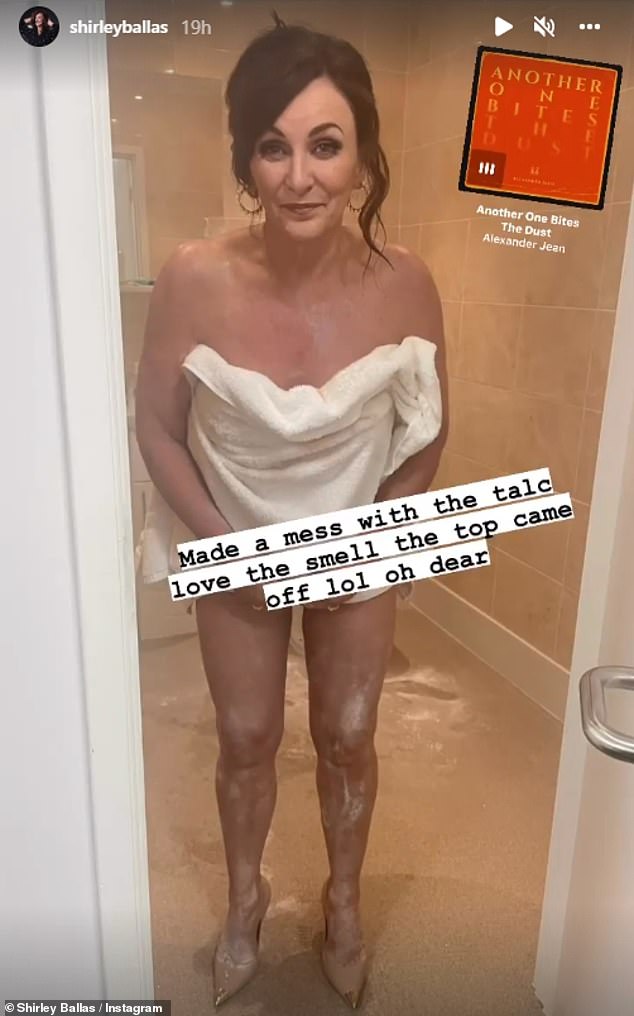 Shirley Ballas strips down to nothing but a white towel after talcum powder explodes over her