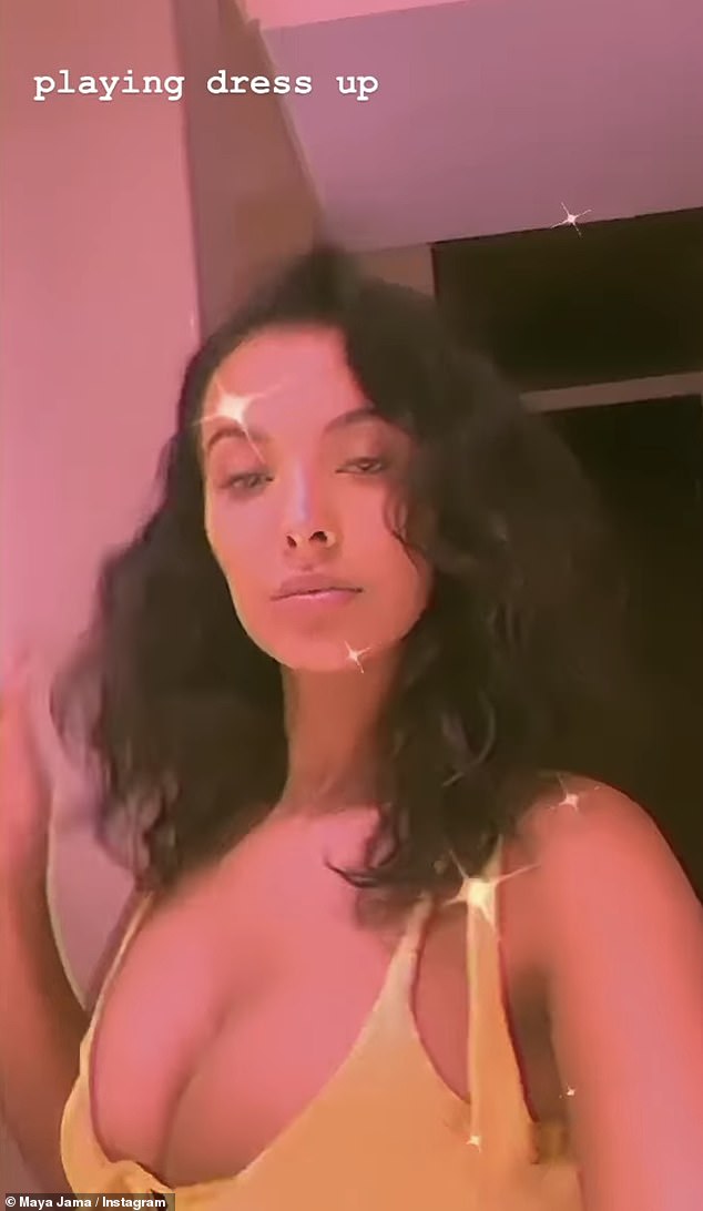 Maya Jama looks sensational as she dons a busty yellow mini dress as she poses for a video