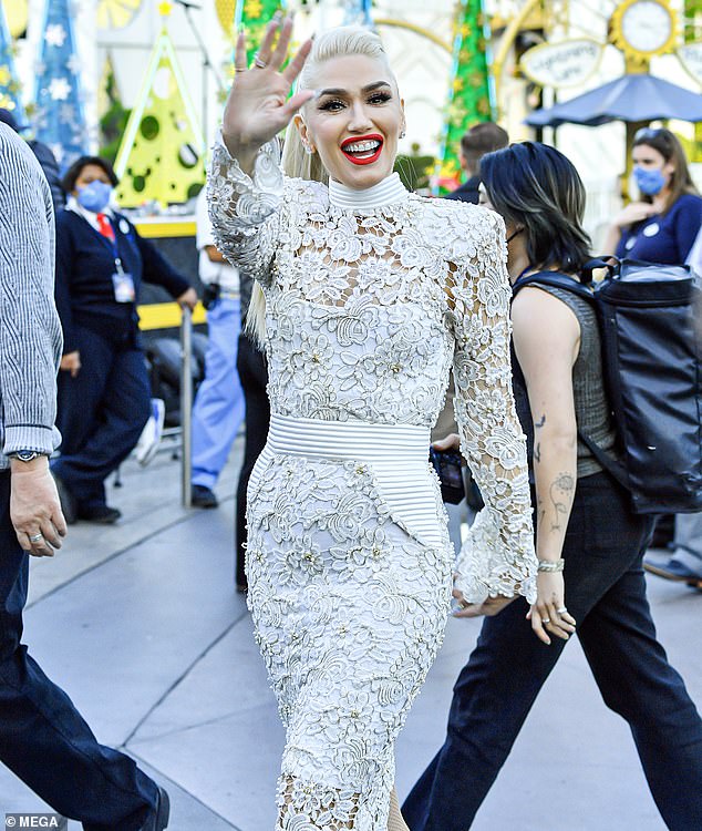 Gwen Stefani gets into the festive spirit while filming a Christmas special at Disneyland