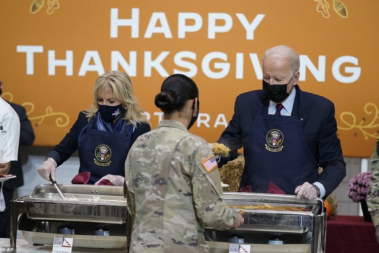 Joe serves stuffing and Jill scoops mashed potatoes at Fort Bragg during Thanksgiving with troops
