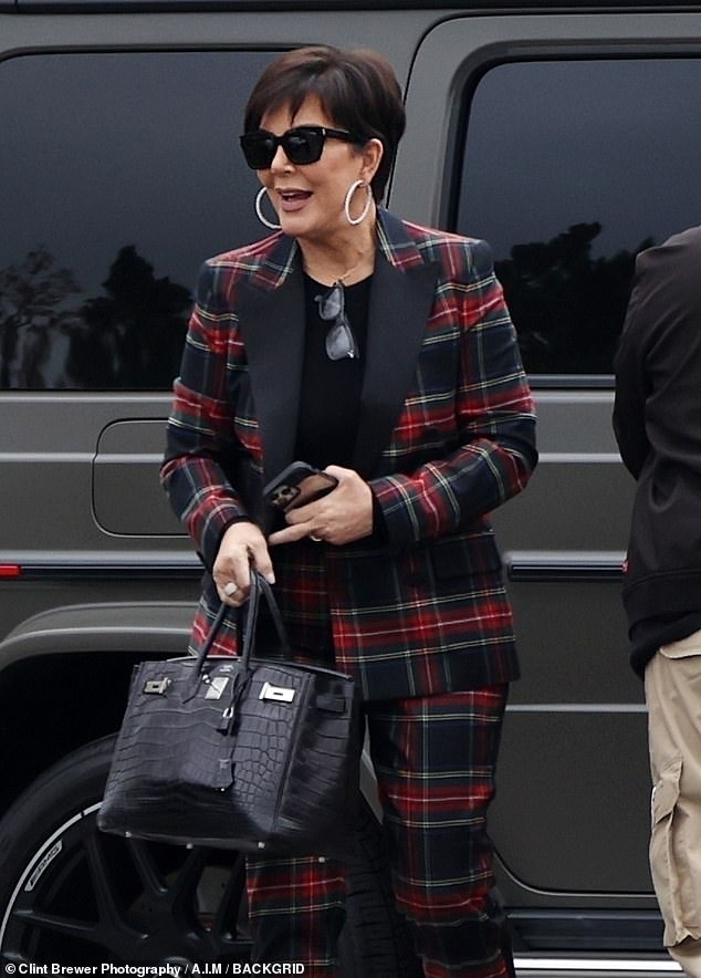 Kris Jenner looks festive in a plaid one-piece suit as she films new show with boyfriend Corey