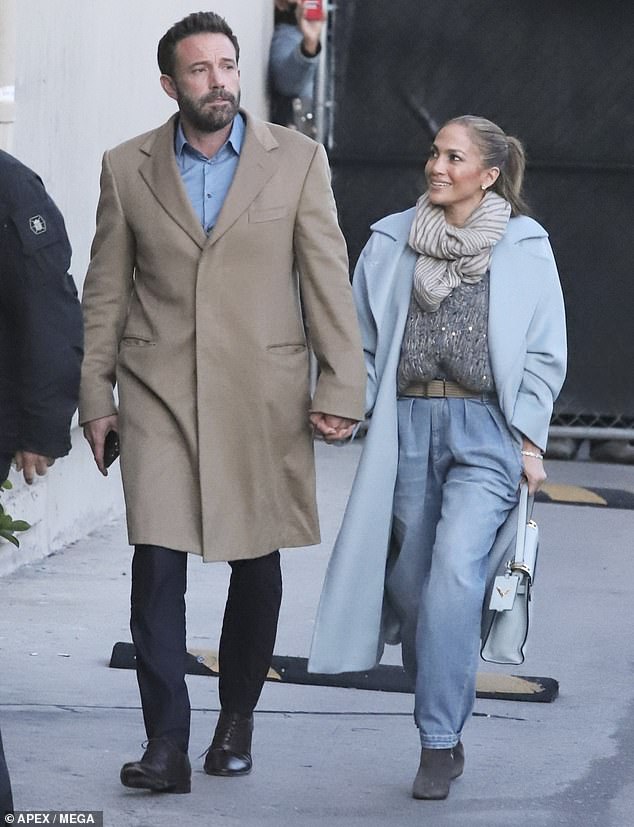 Ben Affleck holds hands with Jennifer Lopez as she supports him ahead of a Jimmy Kimmel taping