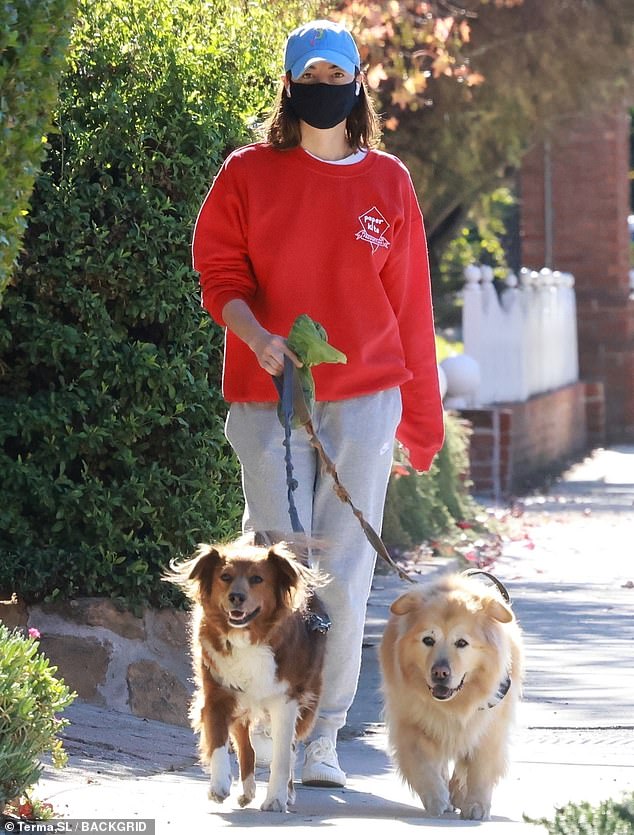 Aubrey Plaza is bold in a red crew neck as she enjoys a weekend walk with her two dogs in Los Feliz 