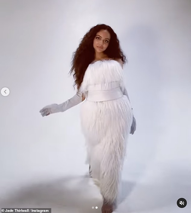 Jade Thirlwall showcases her chic winter style in white feathered off-the-shoulder gown