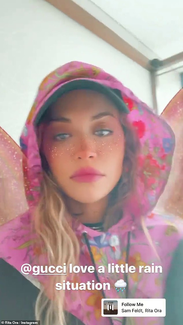 Rita Ora nails granny chic with a £650 floral Gucci hood as she deals with ‘a little rain situation’
