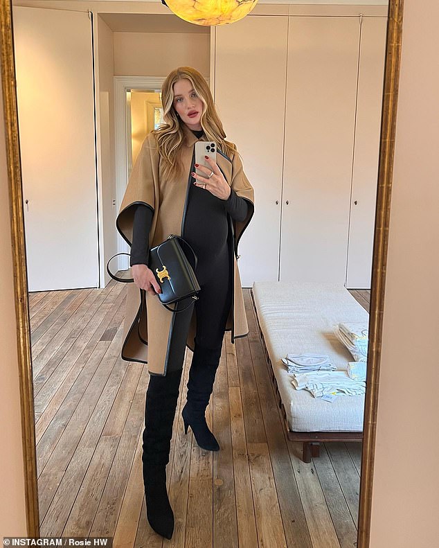 Pregnant Rosie Huntington-Whiteley displays her growing bump and sophisticated winter wardrobe