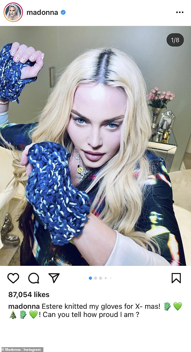 Madonna shows off gloves that her nine-year-old daughter Estere knitted for her as a Christmas gift 1