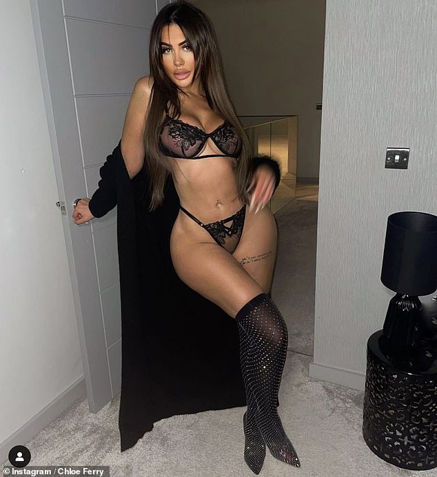 Chloe Ferry puts on an eye-popping display in revealing mesh underwear and knee high boots