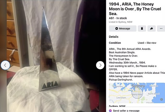 Stolen 1994 ARIA award for The Cruel Sea listed on Facebook Marketplace