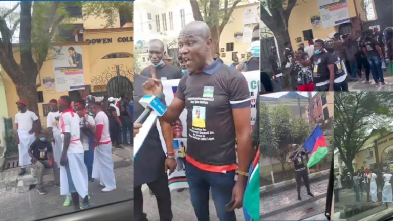 Sylvester Oromoni: Ijaw youths protest outside Dowen College following the release of suspects