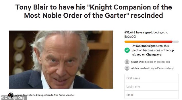 Petition demanding Tony Blair is stripped of his knighthood approaches 500,000 signatures