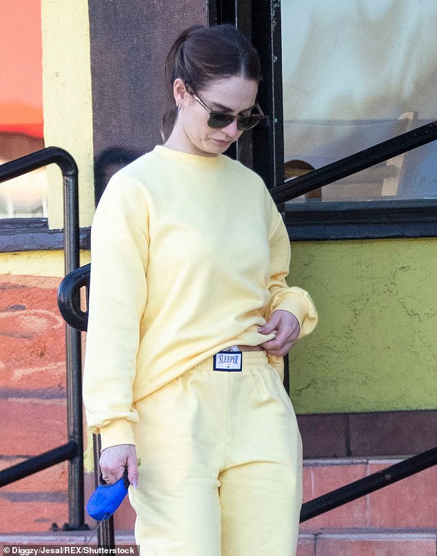 Lily James is a vision in velour after being spotted walking her boyfriend’s dog in Los Angeles 