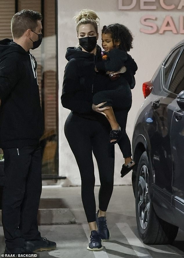 Khloe Kardashian sports an all-black ensemble as she picks up daughter True, 3, from dance class