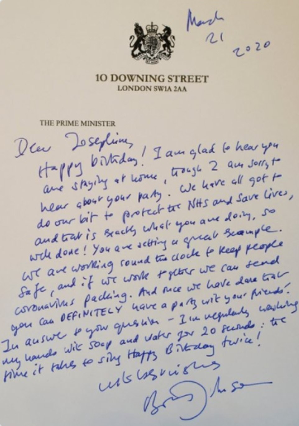 Boris Johnson's letter to girl who cancelled seventh birthday party during first lockdown resurfaces 1
