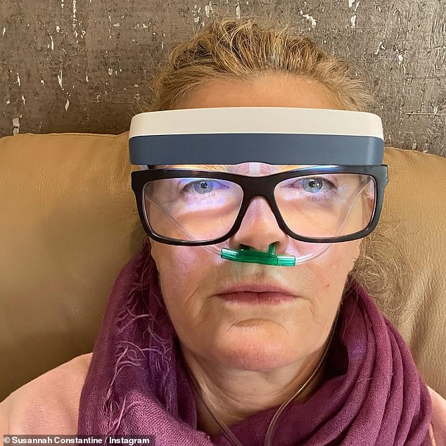 Susannah Constantine is hooked up to oxygen and light machine as she jets to Turkish health resort