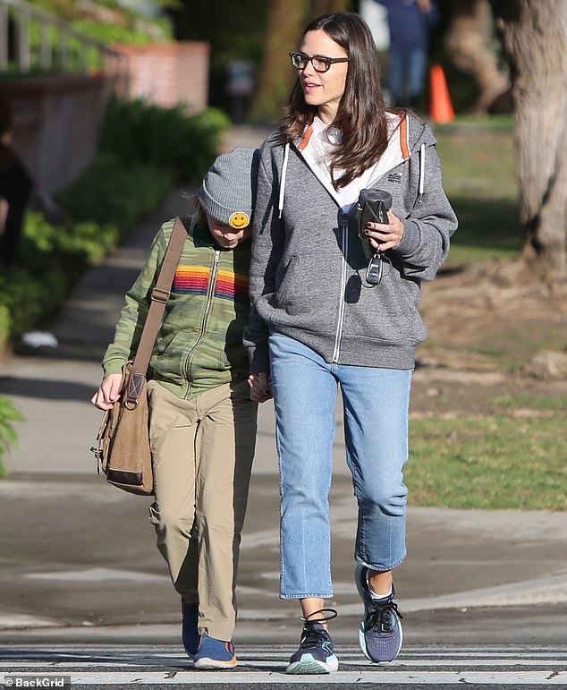 Jennifer Garner bundles up in casual clothes as she is seen walking with her son