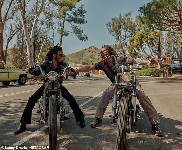 Lenny Kravitz and Jason Momoa grin ear-to-ear while accompanying each other on a motorcycle ride