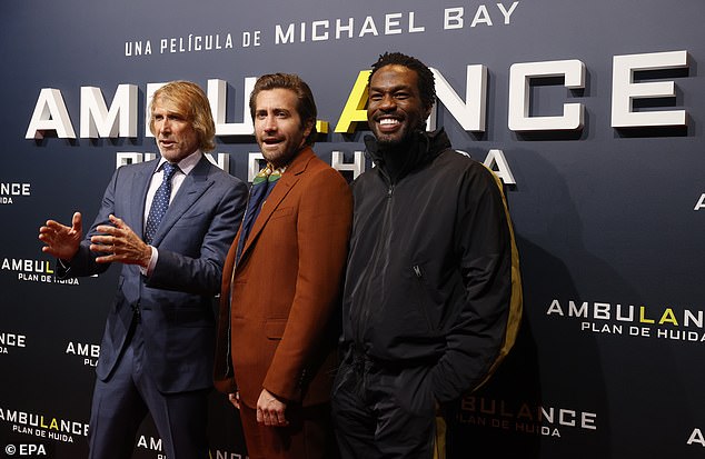 Jake Gyllenhaal joins Michael Bay and Yahya Abdul-Mateen II at the Ambulance premiere in Madrid