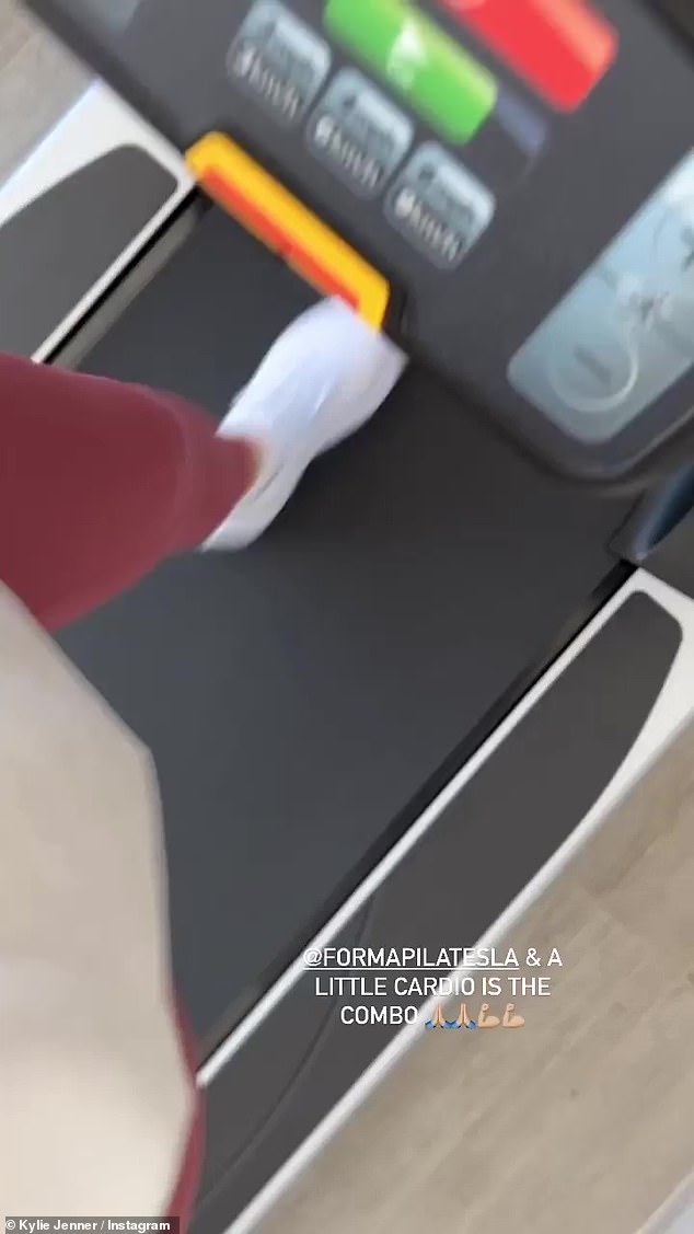 Kylie Jenner works up a sweat while sculpting her figure on the treadmill