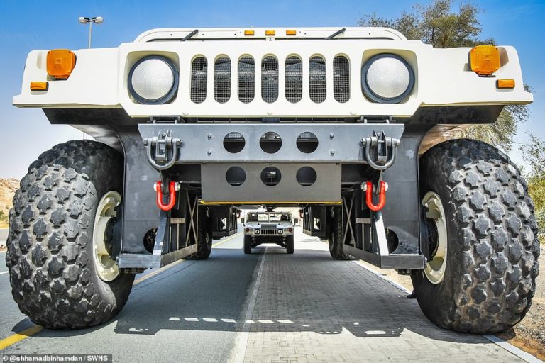 Car-mad sheikh creates 21½ft-high, 46ft-long fully driveable Hummer (with a TWO-STOREY interior) 