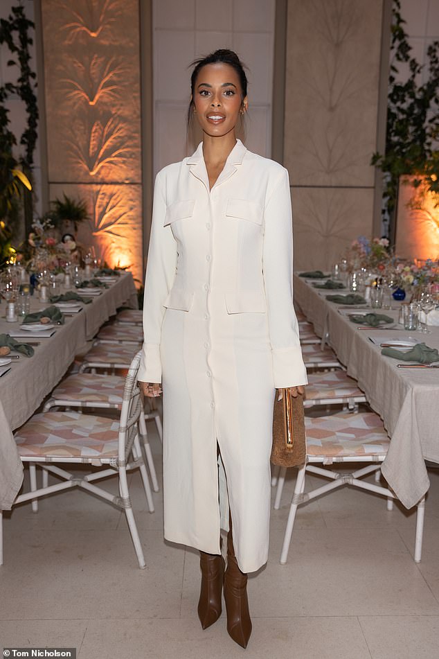 Rochelle Humes is the picture of elegance in a long white blazer dress